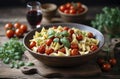 Overhead view of a bowl of farfalle pasta with roasted tomatoes and coriander Royalty Free Stock Photo