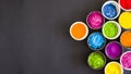 overhead view bowls color holi powder black backdrop. High quality photo