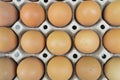 Overhead view of brown chicken eggs in egg carton. Fresh chicken eggs background.