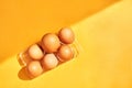 Overhead view of brown chicken eggs isolated on yellow. Fresh farm chicken eggs. Natural healthy food and organic concept Royalty Free Stock Photo