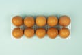 Overhead view of brown chicken eggs in an open egg box isolated on turquoise Royalty Free Stock Photo