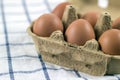 Overhead view of brown chicken eggs in an open egg carton. Fresh chicken eggs background