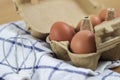 Overhead view of brown chicken eggs in an open egg carton. Fresh chicken eggs background
