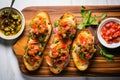 overhead view of bruschetta with pickled jalapenos