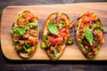 overhead view of bruschetta with pickled jalapenos