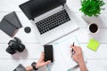 Overhead view of businesswoman working at computer in office Royalty Free Stock Photo