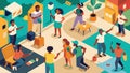 An overhead view of a bustling street corner with people of all ages and backgrounds painting a Juneteenth mural that