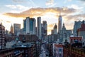 Overhead view of a busy street through the Lower Manhattan skyline buildings in New York City