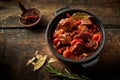 Overhead view of casserole full of hungarian goulash Royalty Free Stock Photo