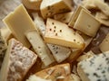 Overhead view of Cheese platter with different cheese cubes. Cheeses assorti