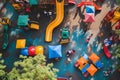 Overhead View of a Childrens Play Area, A playground teeming with laughing children, colorful toys, slides, and swings, AI Royalty Free Stock Photo