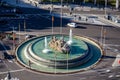 Overhead view of the Cibeles square fountain from the top of the city hall building in Madrid, Spain