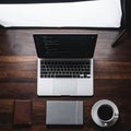 Overhead View of a Coders Workspace with Coffee Royalty Free Stock Photo