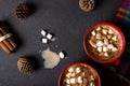 Overhead view of coffee with marshmallows in cups and cinnamons with pinecones on table