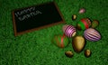 Overhead view of colorful Easter eggs background of grass. Flat lay style. 3D rendering use for background