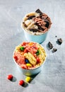 Overhead view of colorful frozen dessert cups