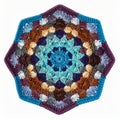 Overhead View of Colorful Geometric Crochet Medallion Design with Intricate Circular Pattern on White Royalty Free Stock Photo