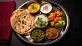 An overhead view of a colorful thali with different types of curries, pickles, and roti