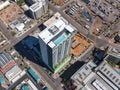 Overhead view of construction with tower crane