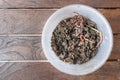 Overhead view on crumps of red wiggler earthworms in container for vermicomposting Royalty Free Stock Photo