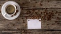 Overhead view of cup of freshely prepared black coffee and blank