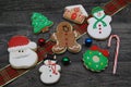 Overhead View of Decorated iced cookies with christams decorations and candy canes Royalty Free Stock Photo