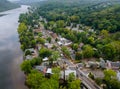 Overhead view of Delaware river aerial landscape of small town Lambertville New Jersey with historic city New Hope Pennsylvania