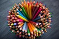 Overhead View of a Dense Cluster of Sharpened Colored Pencils art supplies drawing Royalty Free Stock Photo