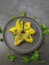 Overhead view of  Dhokla, an Indian Gujarati snack which is vegetarian Royalty Free Stock Photo