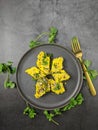 Overhead view of  Dhokla, an Indian Gujarati snack which is vegetarian Royalty Free Stock Photo