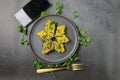 Overhead view of  Dhokla, an Indian Gujarati snack which is vegetarian Royalty Free Stock Photo
