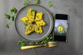 Overhead view of  Dhokla, an Indian Gujarati snack which is vegetarian Royalty Free Stock Photo