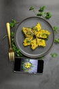 Overhead view of  Dhokla, an Indian Gujarati snack which is vegetarian Royalty Free Stock Photo