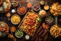 overhead view of different burger toppings on table