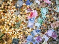 Overhead view of different international monies Royalty Free Stock Photo