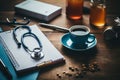 Overhead view of doctor\'s desk, stethoscope and tools