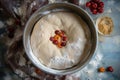 overhead view of dough doubling in size in a bowl