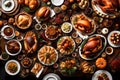 An overhead view of an elegant Thanksgiving buffet spread, featuring a wide array of delectable dishes and carving stations, in a