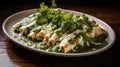 An overhead view of Enchiladas Verdes on a plate. The dish consists of tender shredded chicken, smothered in tangy green