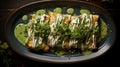 An overhead view of Enchiladas Verdes on a plate. The dish consists of tender shredded chicken, smothered in tangy green