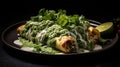 An overhead view of Enchiladas Verdes on a plate. The dish consists of tender shredded chicken, smothered in tangy green