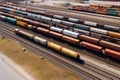 Overhead view of extensive railway freight trains and their parked wagons