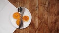 Overhead view of fall table setting over wooden table with copy space Royalty Free Stock Photo