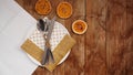 Overhead view of fall table setting over wooden table with copy space Royalty Free Stock Photo