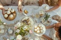 Overhead view of female guests holding plates with cakes Royalty Free Stock Photo