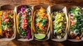 Overhead View of Five Delicious Tacos on Wood Royalty Free Stock Photo