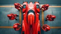 Overhead view of a Formula 1 race car being worked on by its dedicated pit crew. Royalty Free Stock Photo