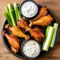 Overhead view of four different flavored chicken wings with ranch dressing, beer, and celery sticks