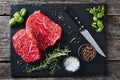 Overhead view of fresh raw beef steaks Royalty Free Stock Photo