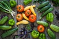 Overhead view of freshly picked produce on old wood background. Royalty Free Stock Photo